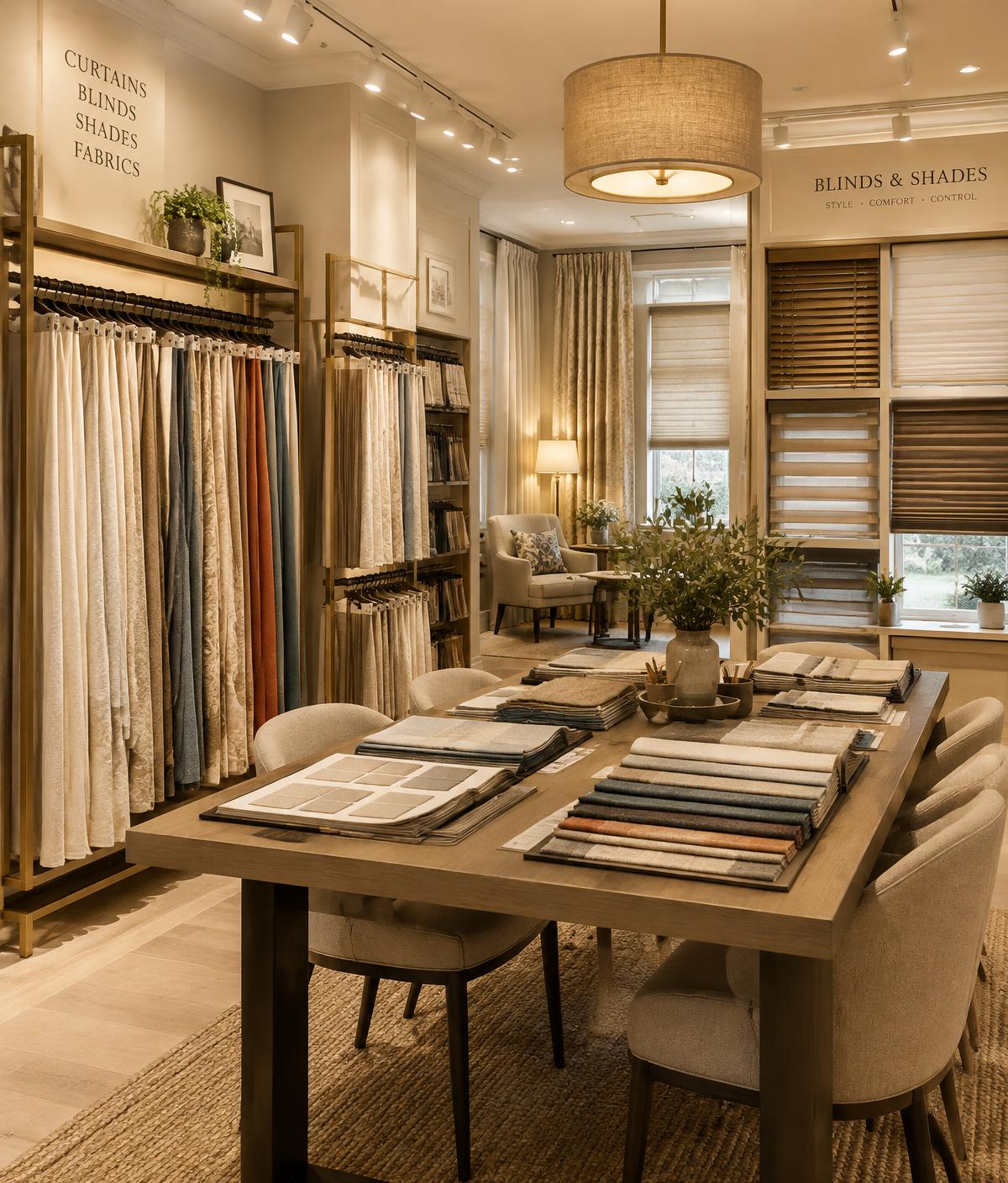 Showroom com amostras de tecidos e persianas